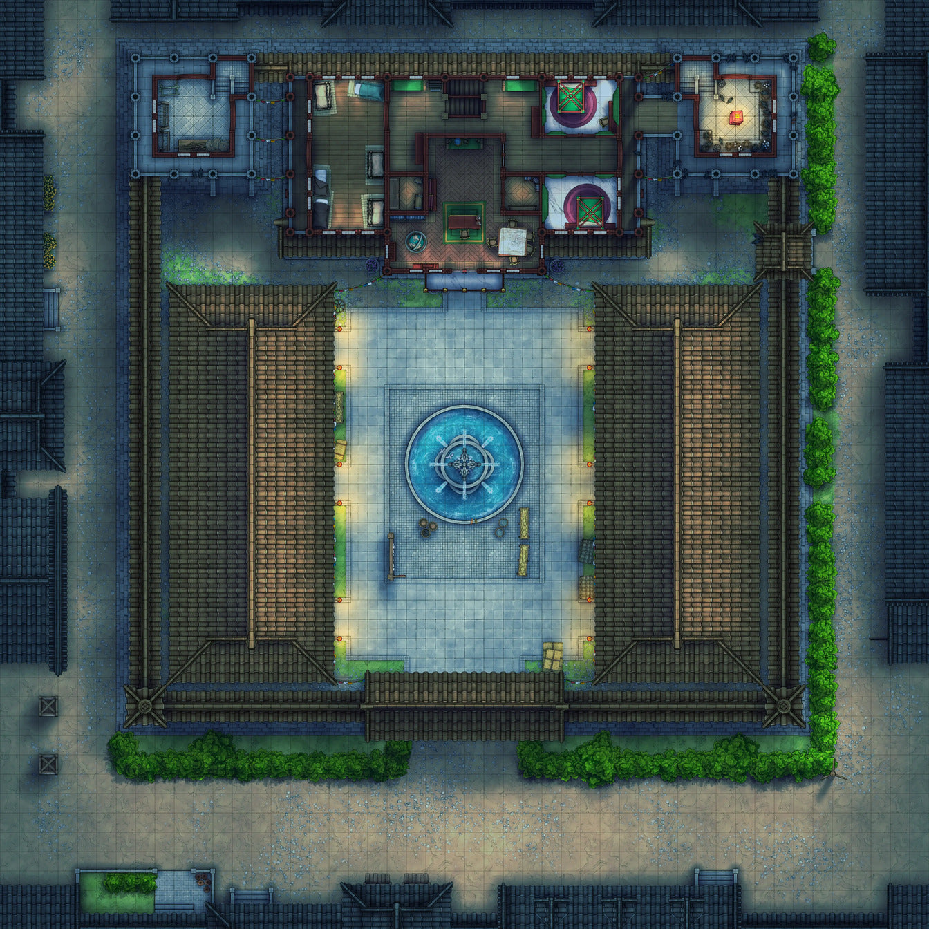 Imperial Caravanserai Post Station & Inn Battlemap - overhead view courtyard fountain - Digital, Foundry VTT, Print