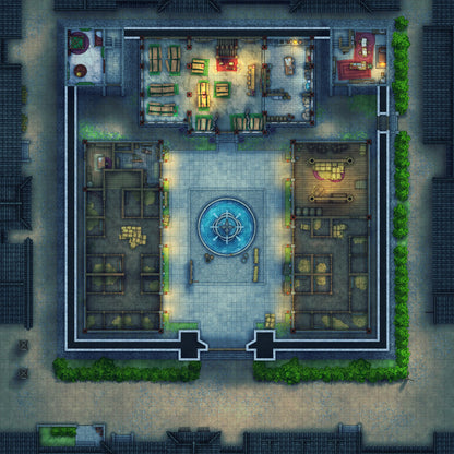 Imperial Caravanserai Post Station & Inn Battlemap - overhead view walled town square - Digital, Foundry VTT, Print