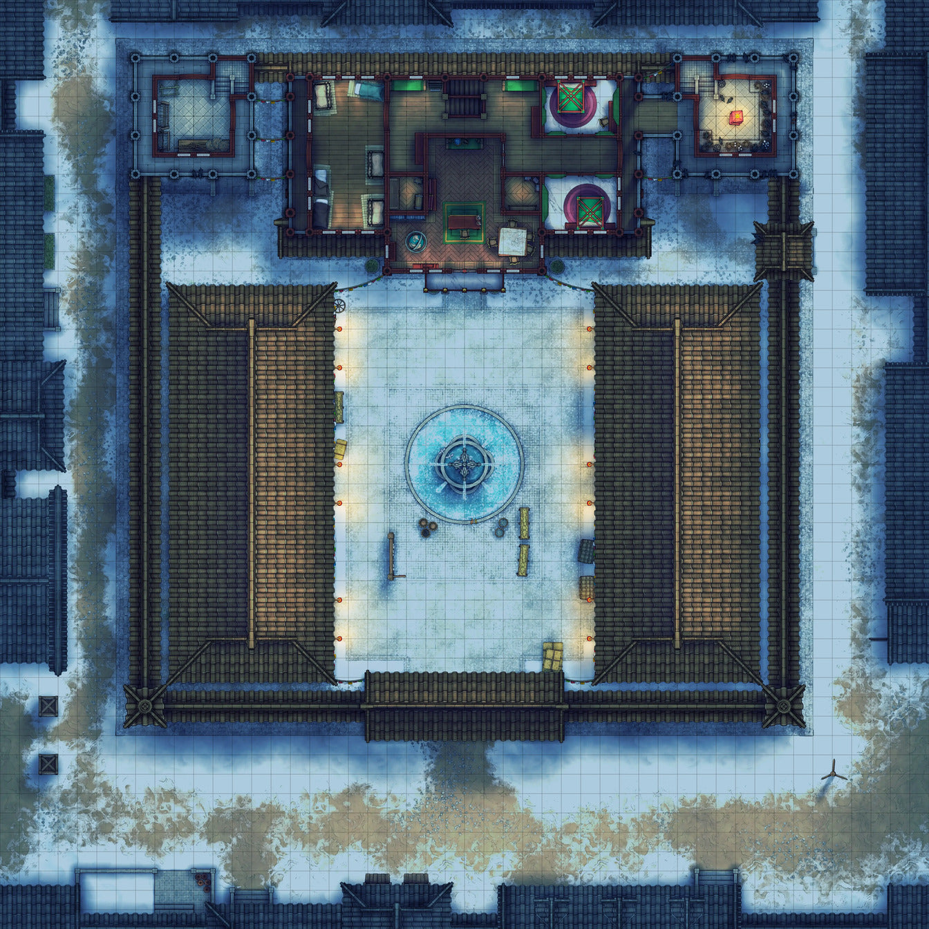 Imperial Caravanserai Post Station & Inn Battlemap - snowy asian courtyard - Digital, Foundry VTT, Print