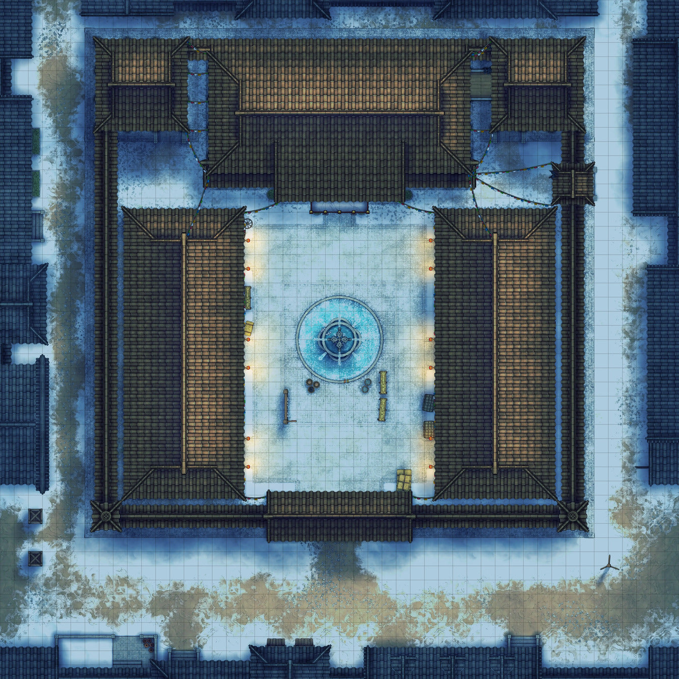 Imperial Caravanserai Post Station & Inn Battlemap - snowy courtyard buildings - Digital, Foundry VTT, Print