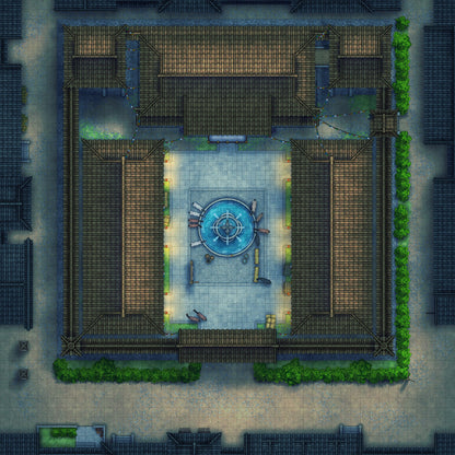 Imperial Caravanserai Post Station & Inn Battlemap - square courtyard fountain - Digital, Foundry VTT, Print