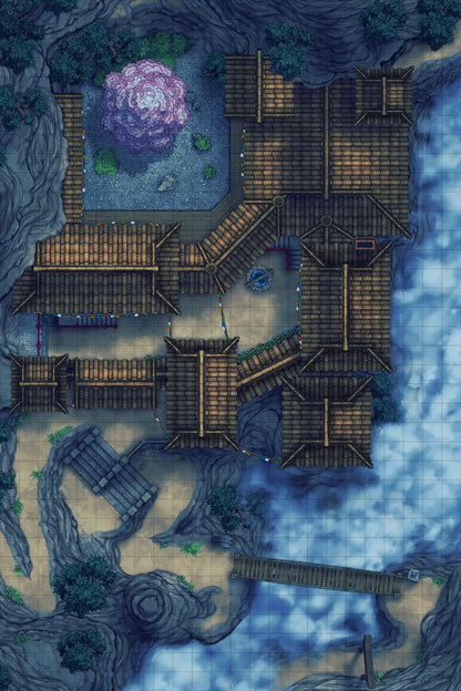 Iron Gate Monk Monastery Battlemap - overhead view japanese-style village - Digital, Foundry VTT, Print