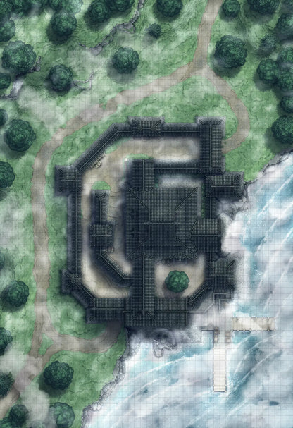 Japanese Castle Exterior Battlemap - coastal fortress battle map - Digital, Foundry VTT, Print