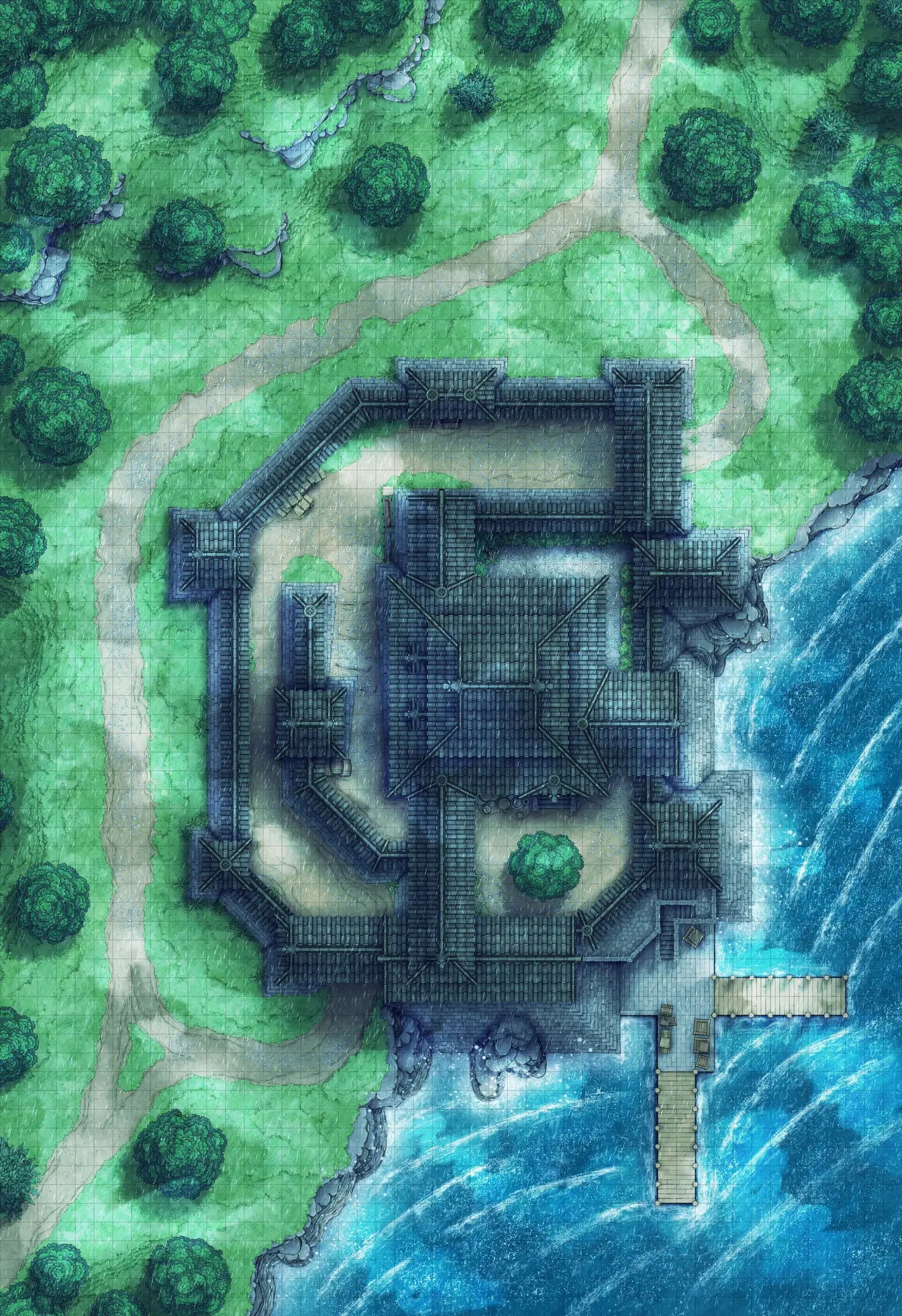 Japanese Castle Exterior Battlemap - coastal fortress map - Digital, Foundry VTT, Print