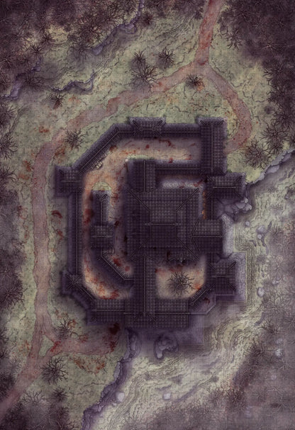 Japanese Castle Exterior Battlemap - dark fortified castle ruins - Digital, Foundry VTT, Print