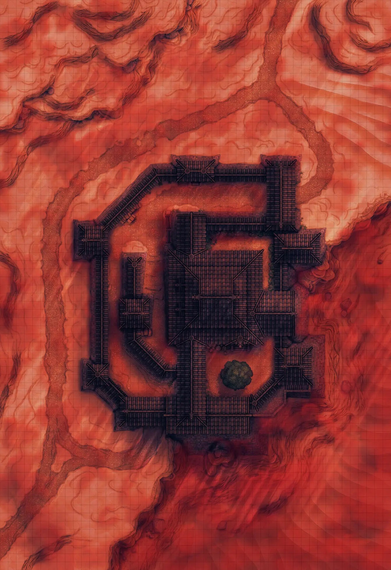 Japanese Castle Exterior Battlemap - dark fortress complex - Digital, Foundry VTT, Print