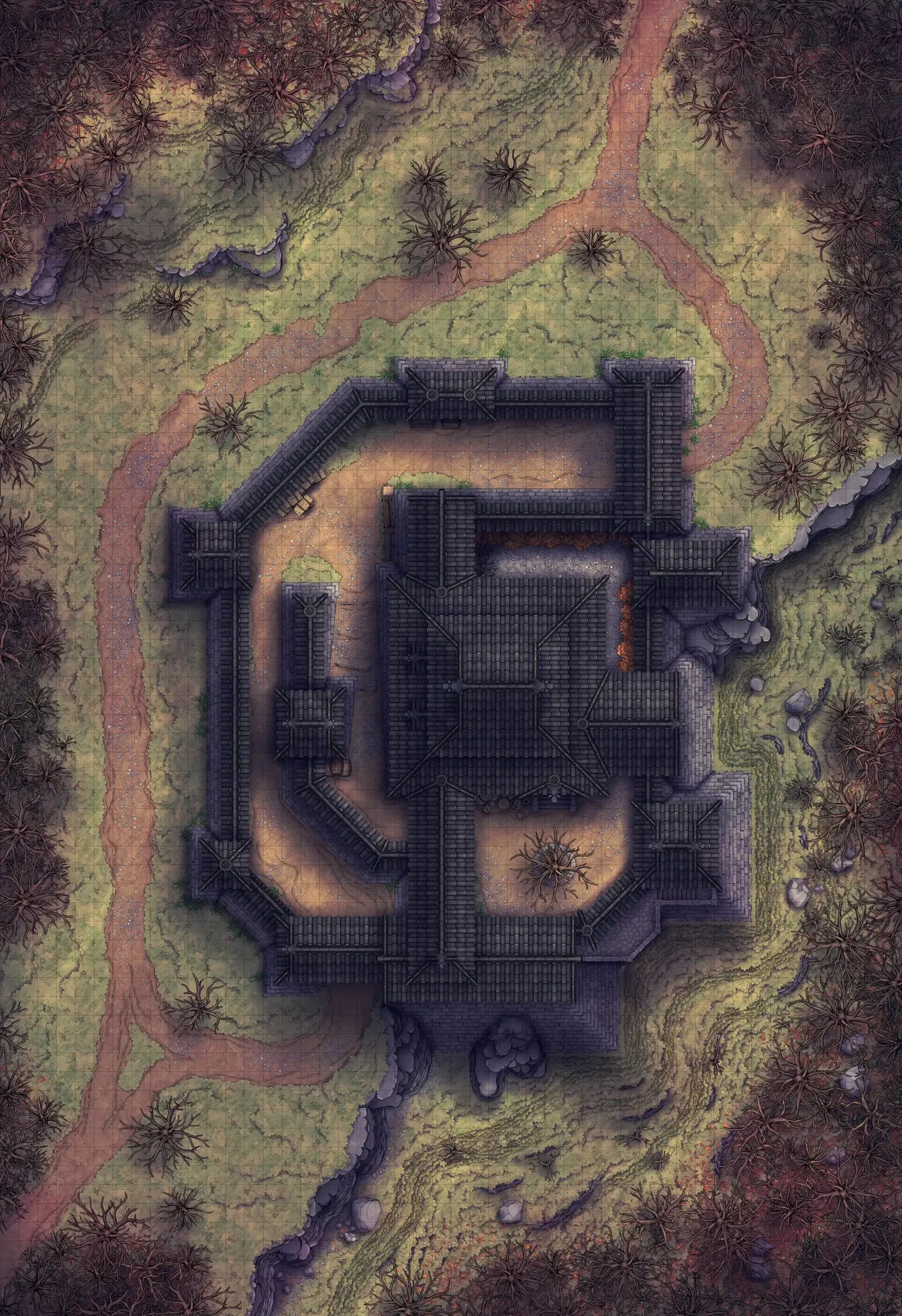 Japanese Castle Exterior Battlemap - dark stone fortress - Digital, Foundry VTT, Print