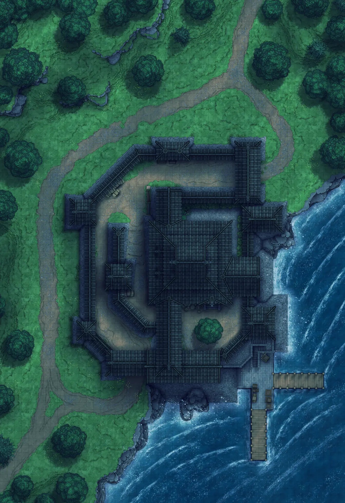 Japanese Castle Exterior Battlemap - dark stone lakeside manor - Digital, Foundry VTT, Print