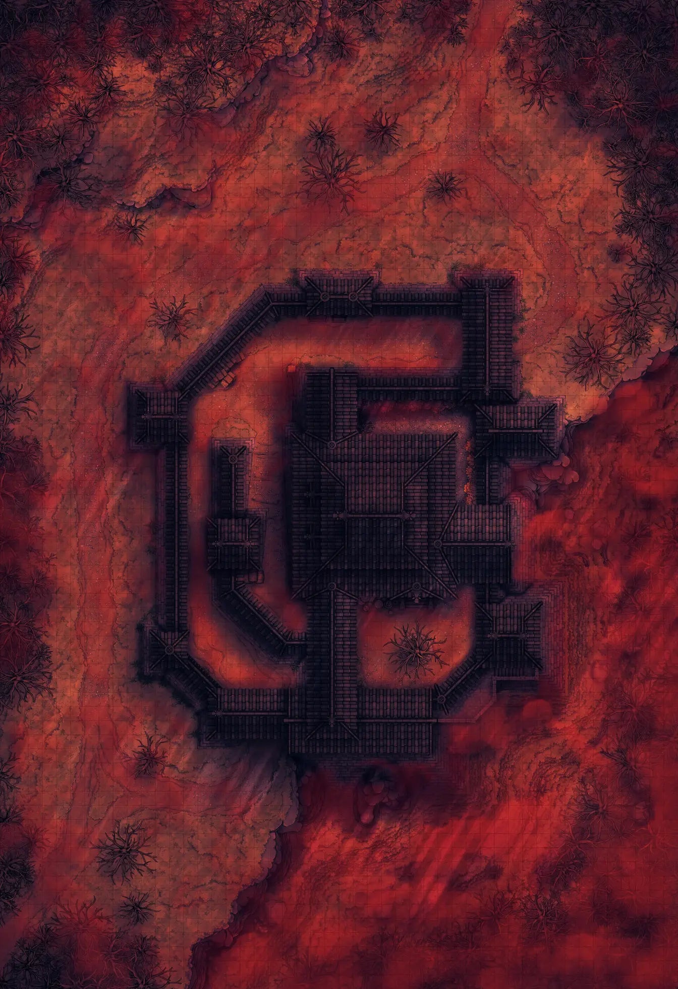 Japanese Castle Exterior Battlemap - fortress fiery landscape - Digital, Foundry VTT, Print