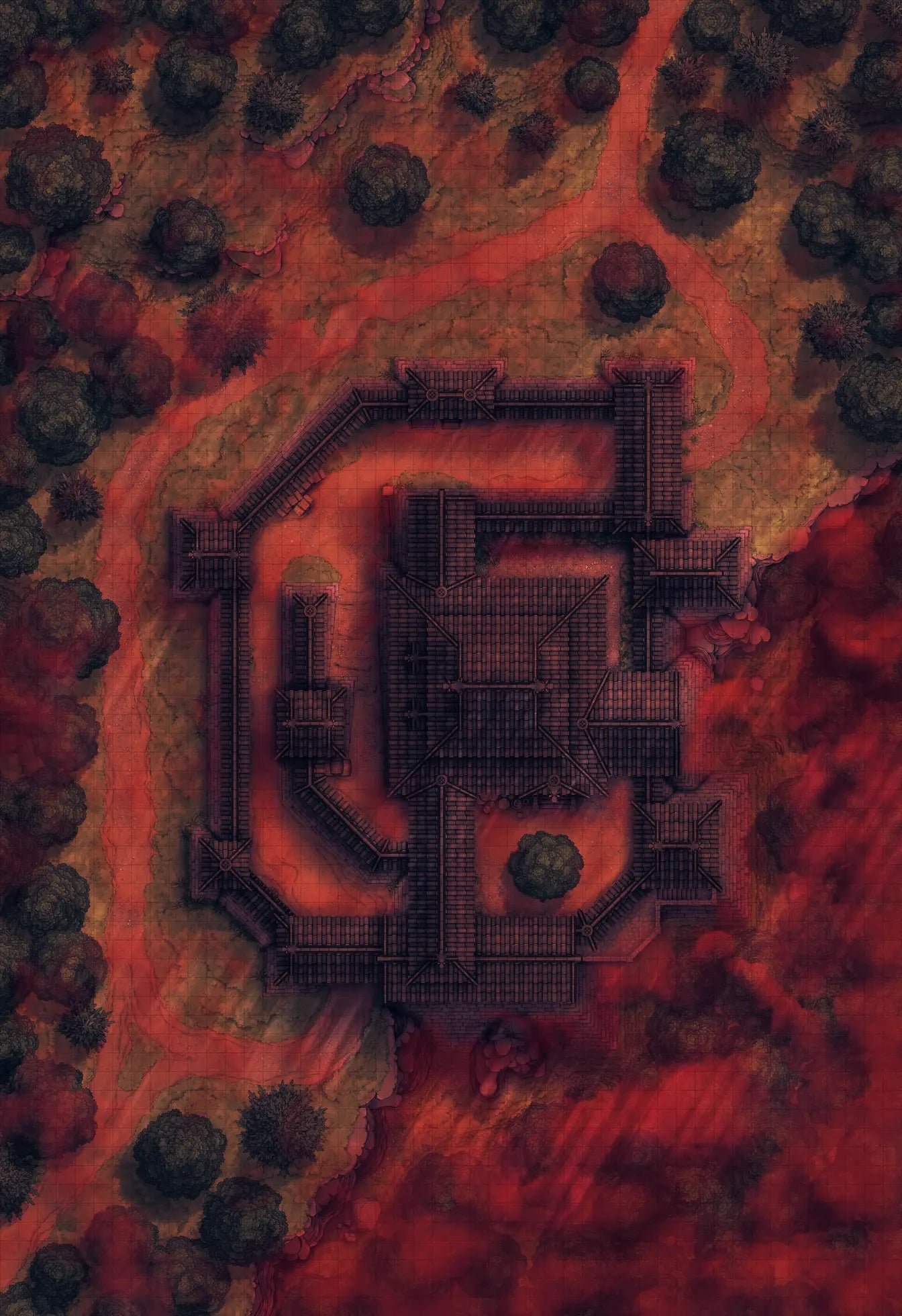 Japanese Castle Exterior Battlemap - fortress surrounded lava - Digital, Foundry VTT, Print