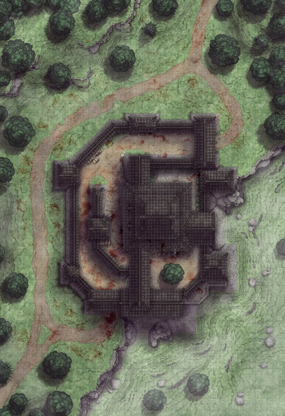 Japanese Castle Exterior Battlemap - overhead view dark fortified castle - Digital, Foundry VTT, Print