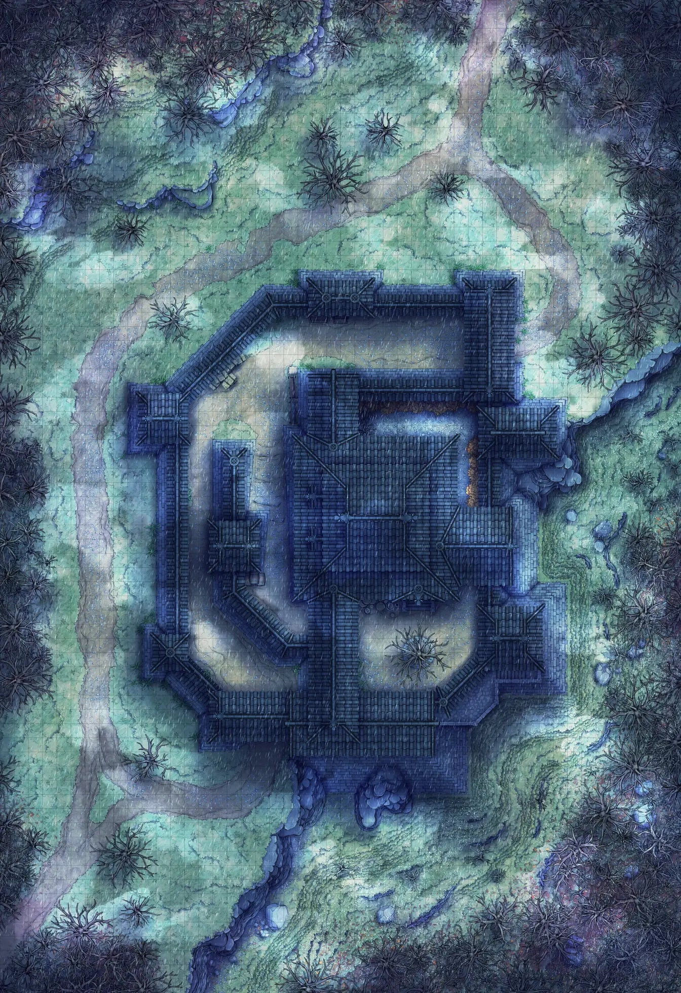 Japanese Castle Exterior Battlemap - overhead view dark fortified castle - Digital, Foundry VTT, Print