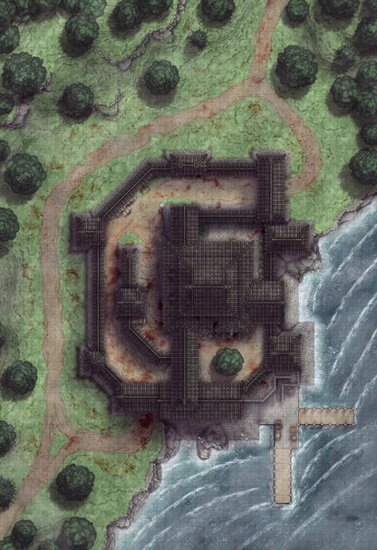 Japanese Castle Exterior Battlemap - overhead view dark lakeside manor - Digital, Foundry VTT, Print