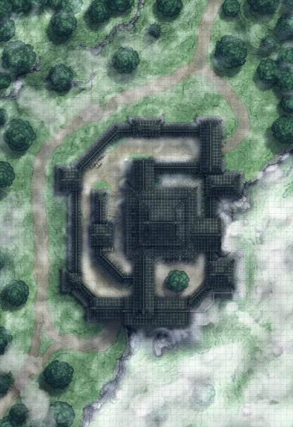 Japanese Castle Exterior Battlemap - overhead view dark stone fortress - Digital, Foundry VTT, Print