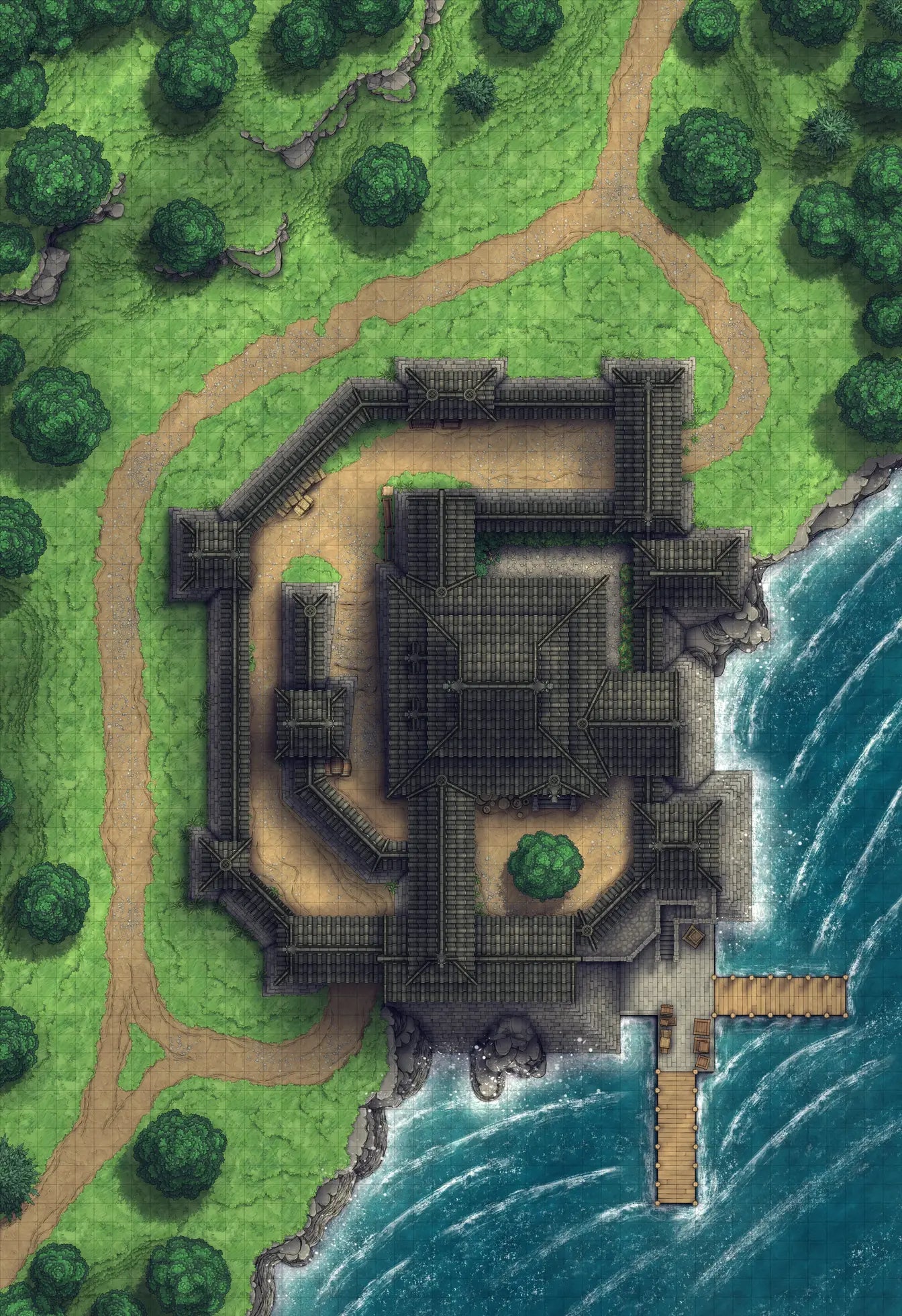 Japanese Castle Exterior Battlemap - overhead view lakeside castle - Digital, Foundry VTT, Print