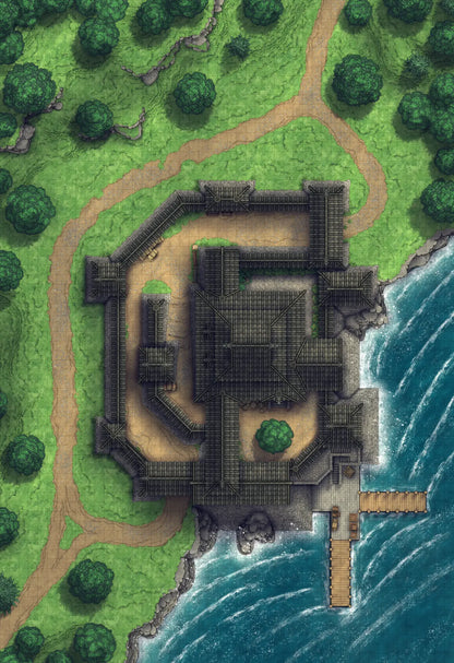 Japanese Castle Exterior Battlemap - overhead view lakeside castle - Digital, Foundry VTT, Print