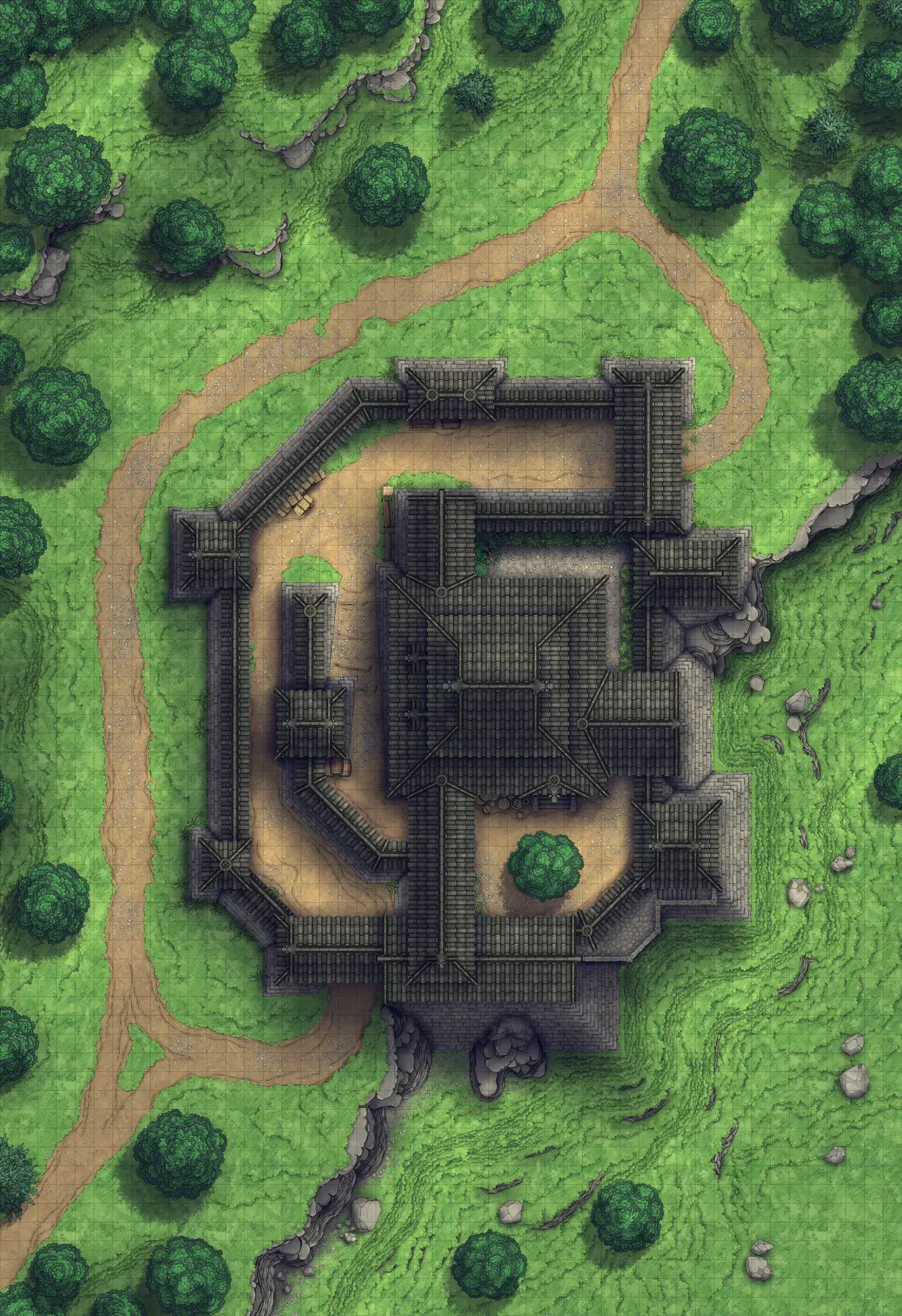 Japanese Castle Exterior Battlemap - overhead view stone castle - Digital, Foundry VTT, Print