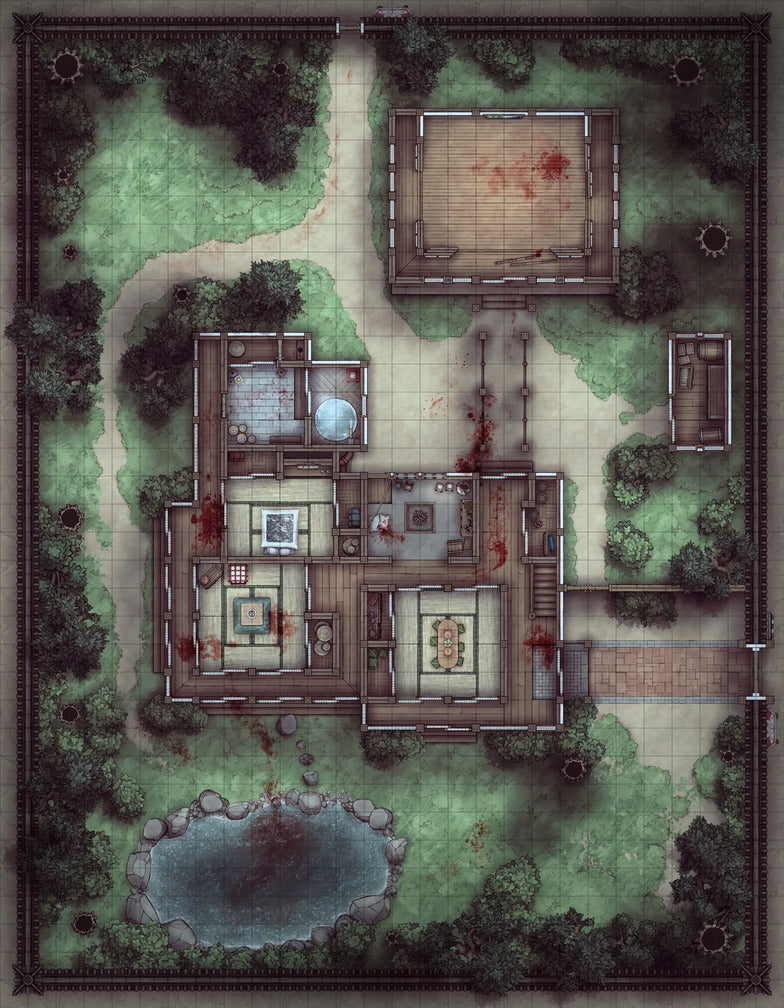Japanese Manor - Tendo Dojo Battlemap - blood-splattered japanese estate - Digital, Foundry VTT, Print