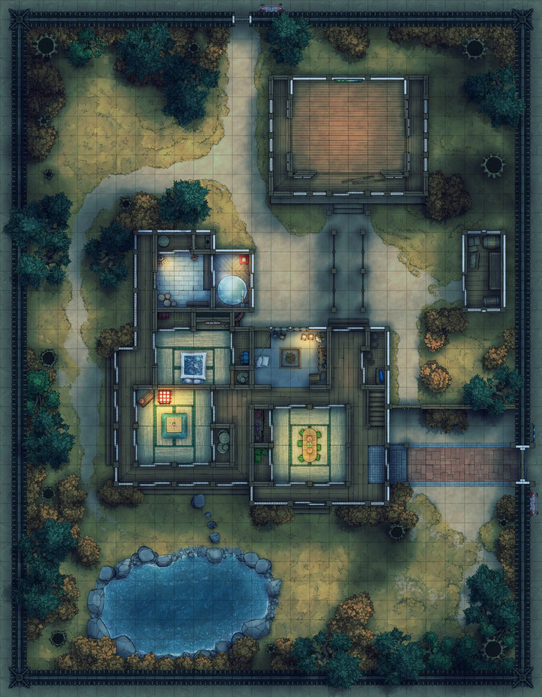 Japanese Manor - Tendo Dojo Battlemap - japanese estate map - Digital, Foundry VTT, Print