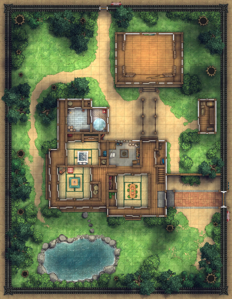 Japanese Manor - Tendo Dojo Battlemap - japanese estate map - Digital, Foundry VTT, Print