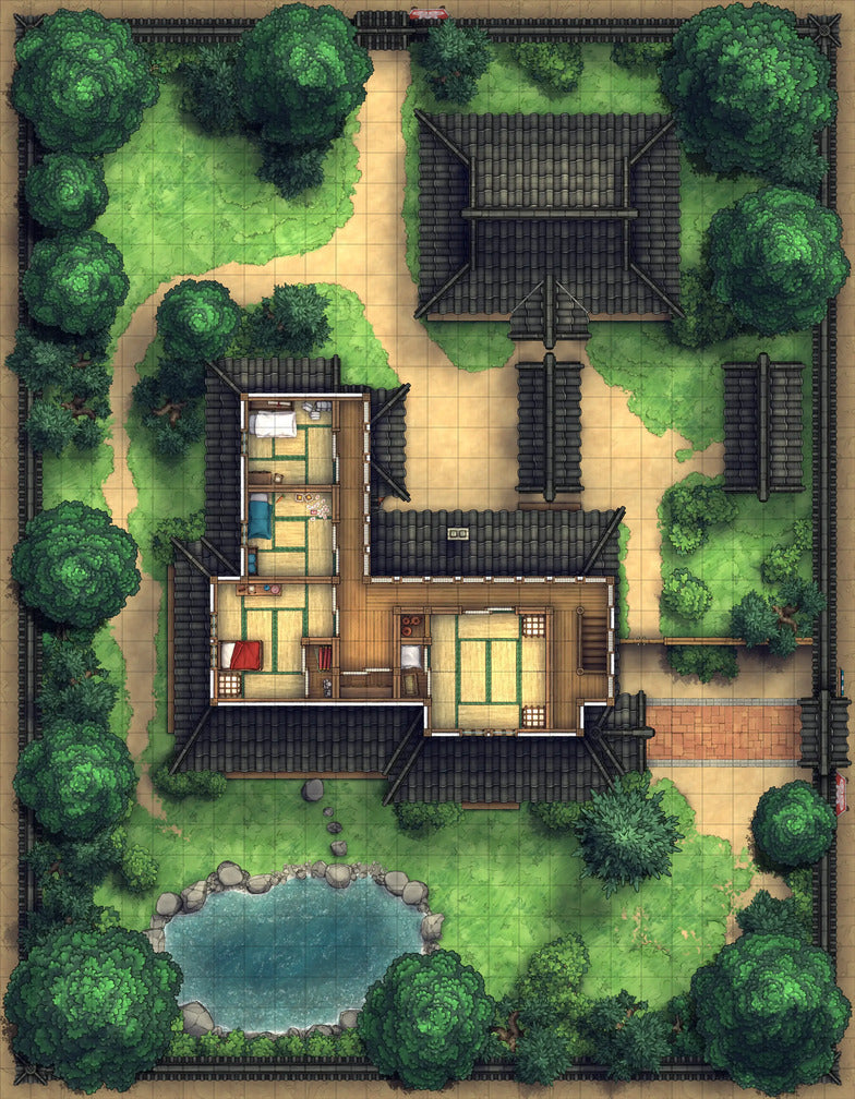 Japanese Manor - Tendo Dojo Battlemap - japanese estate map - Digital, Foundry VTT, Print