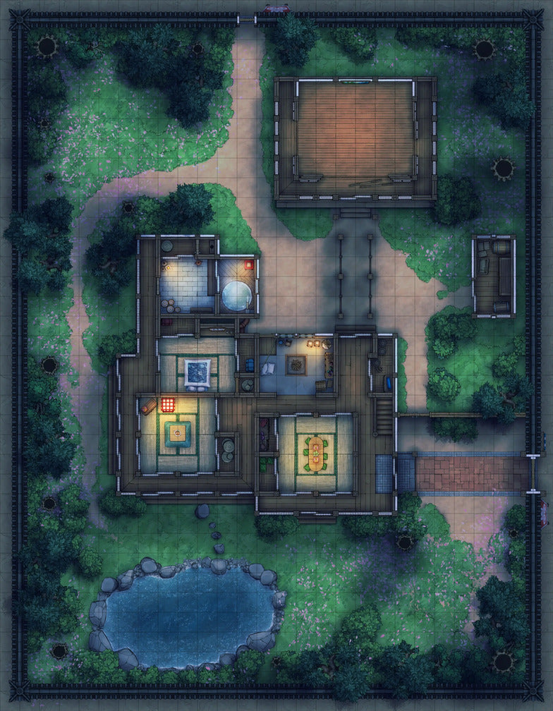 Japanese Manor - Tendo Dojo Battlemap - nighttime japanese estate - Digital, Foundry VTT, Print