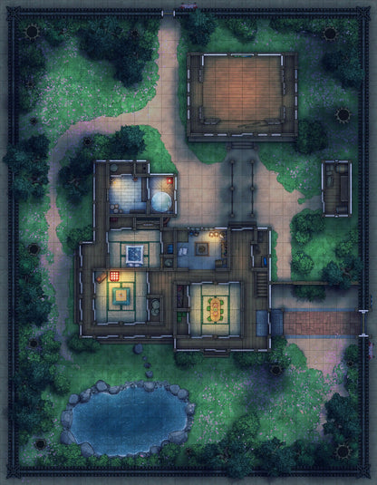 Japanese Manor - Tendo Dojo Battlemap - nighttime japanese estate - Digital, Foundry VTT, Print