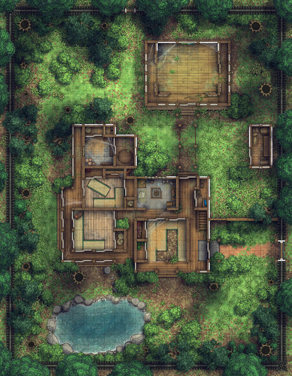 Japanese Manor - Tendo Dojo Battlemap - overgrown estate map - Digital, Foundry VTT, Print