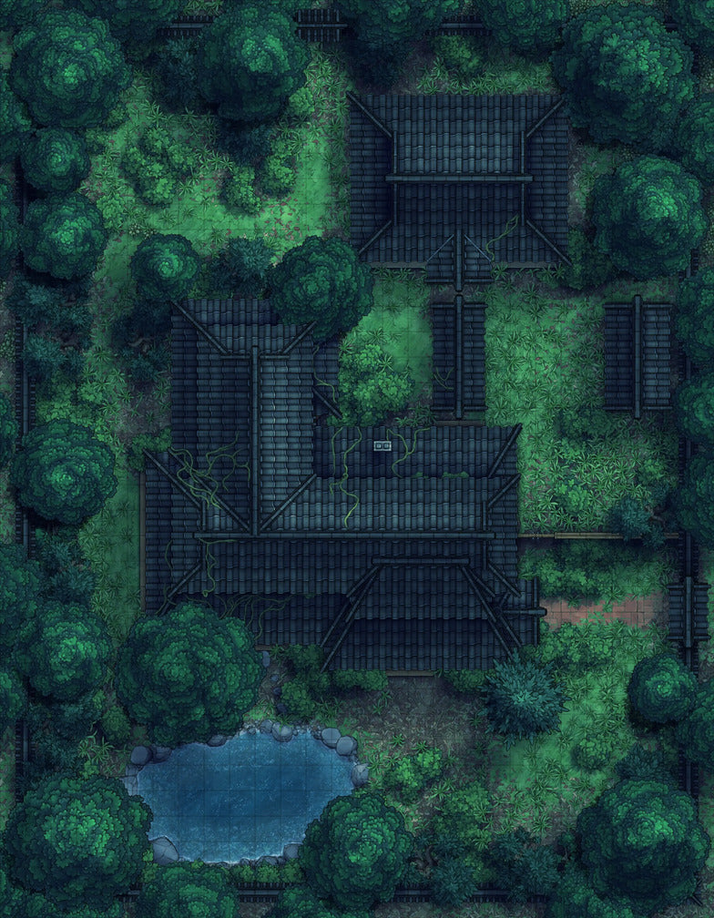 Japanese Manor - Tendo Dojo Battlemap - overgrown estate map - Digital, Foundry VTT, Print