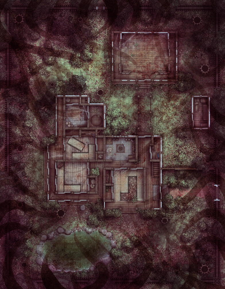 Japanese Manor - Tendo Dojo Battlemap - overgrown map - Digital, Foundry VTT, Print