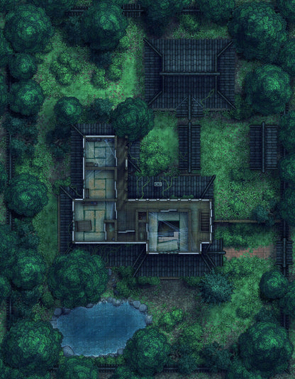 Japanese Manor - Tendo Dojo Battlemap - overhead view dilapidated estate - Digital, Foundry VTT, Print