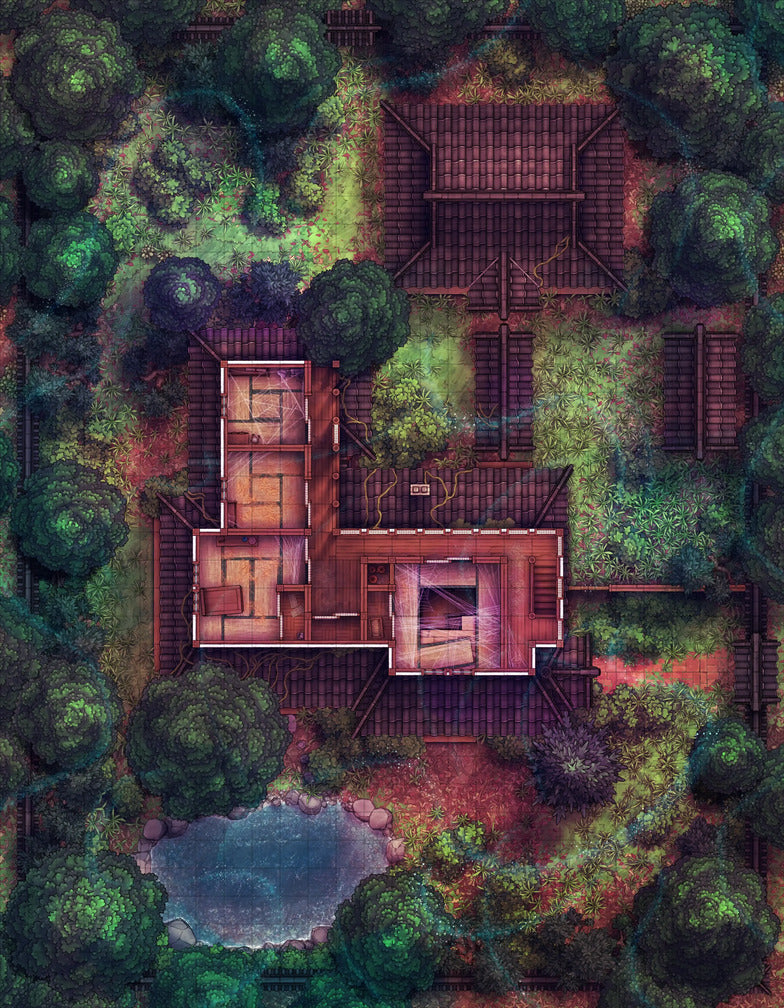 Japanese Manor - Tendo Dojo Battlemap - overhead view dilapidated forest house - Digital, Foundry VTT, Print