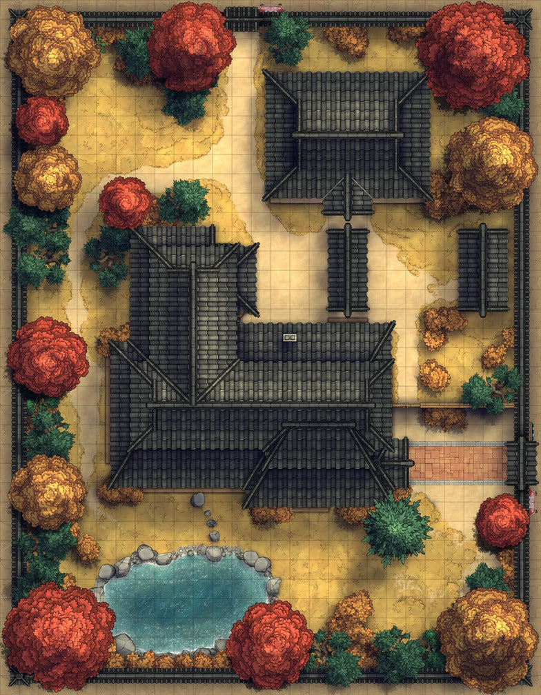 Japanese Manor - Tendo Dojo Battlemap - overhead view japanese estate - Digital, Foundry VTT, Print