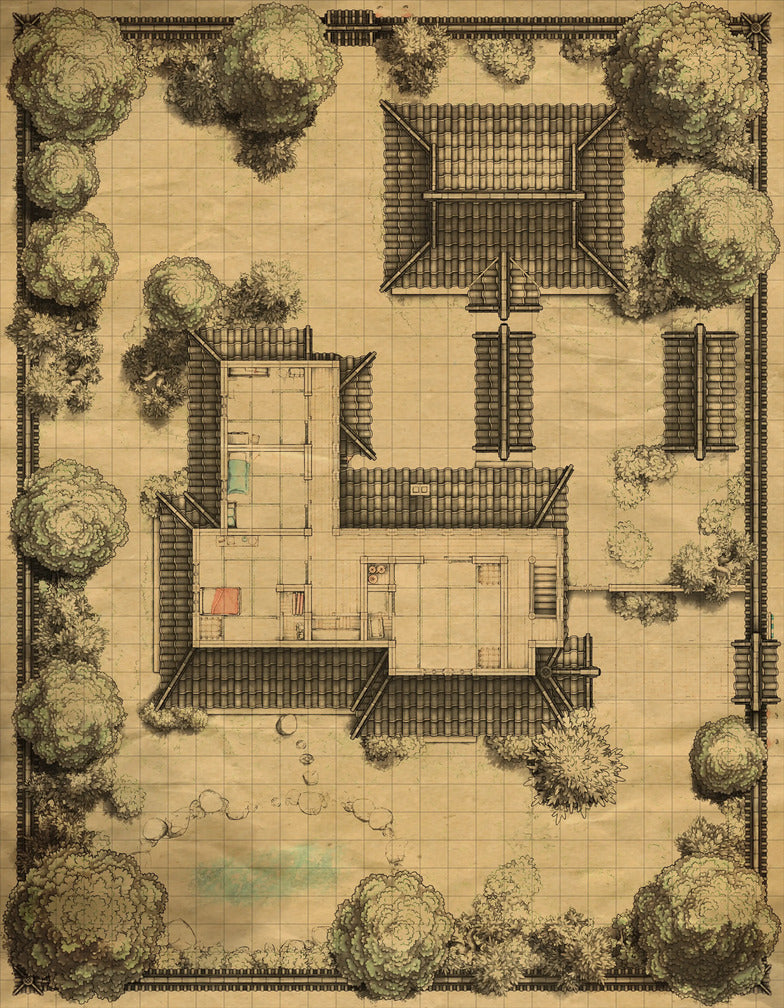 Japanese Manor - Tendo Dojo Battlemap - overhead view walled compound buildings - Digital, Foundry VTT, Print