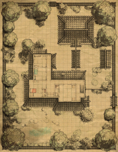 Japanese Manor - Tendo Dojo Battlemap - overhead view walled compound buildings - Digital, Foundry VTT, Print