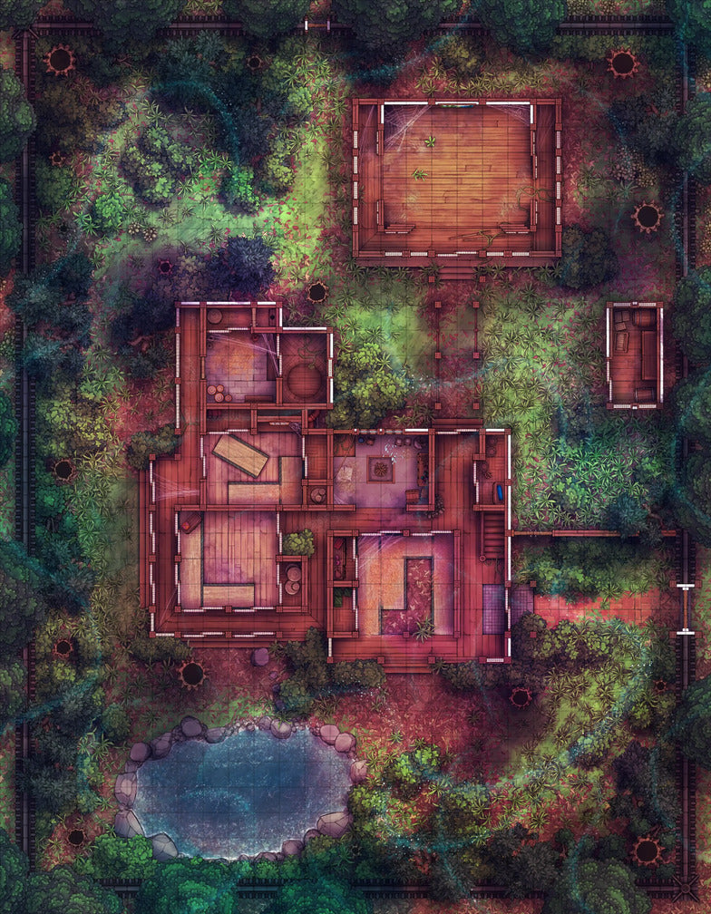 Japanese Manor - Tendo Dojo Battlemap - overhead view wooden house grounds - Digital, Foundry VTT, Print