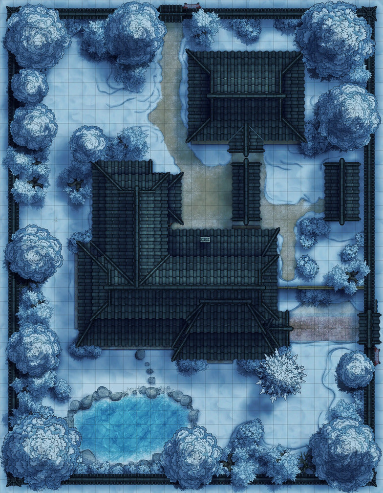 Japanese Manor - Tendo Dojo Battlemap - snowy japanese estate - Digital, Foundry VTT, Print