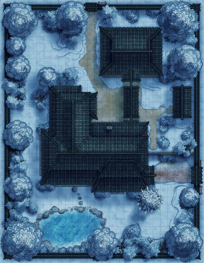 Japanese Manor - Tendo Dojo Battlemap - snowy japanese estate - Digital, Foundry VTT, Print