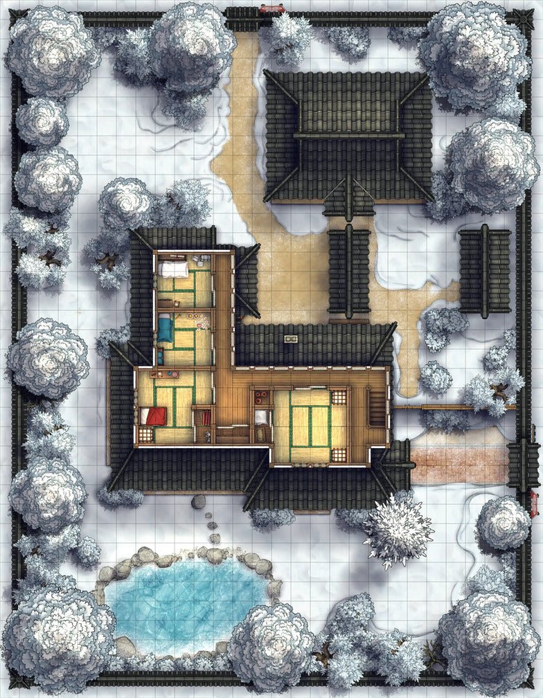 Japanese Manor - Tendo Dojo Battlemap - snowy japanese estate map - Digital, Foundry VTT, Print