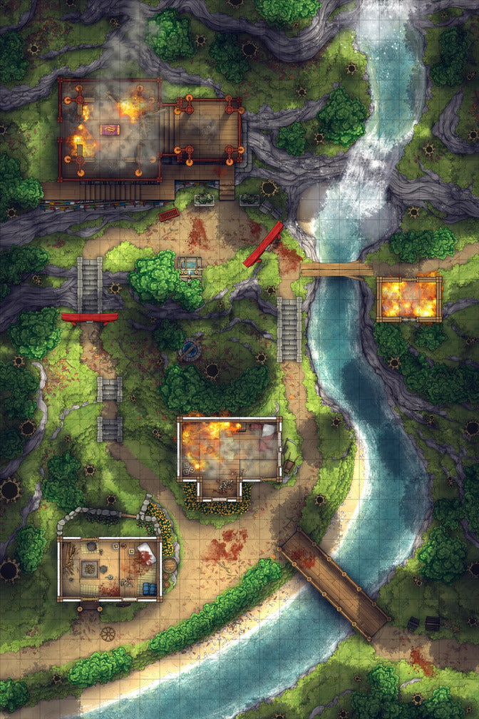 Japanese Mountain Village Temple Map Battlemap - village map - Digital, Foundry VTT, Print