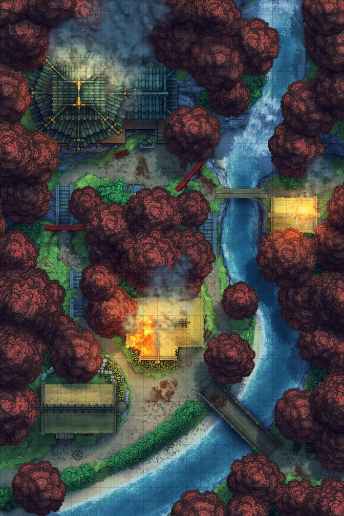 Japanese Mountain Village Temple Map Battlemap - village map - Digital, Foundry VTT, Print