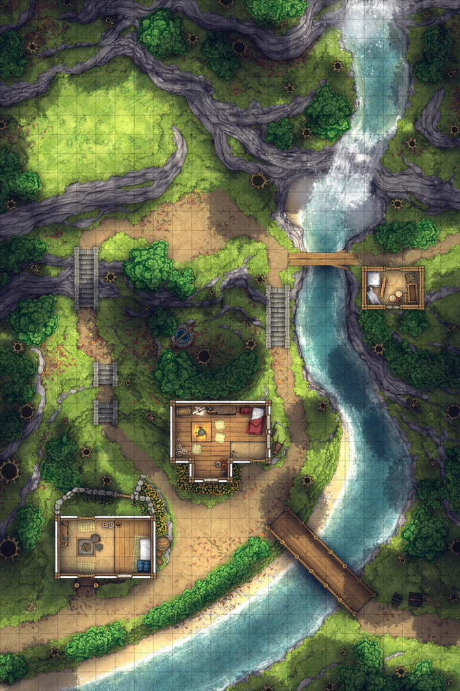 Japanese Mountain Village Temple Map Battlemap - fantasy forest map buildings river - Digital, Foundry VTT, Print