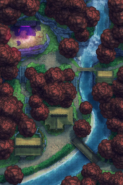 Japanese Mountain Village Temple Map Battlemap - overhead fantasy village map - Digital, Foundry VTT, Print