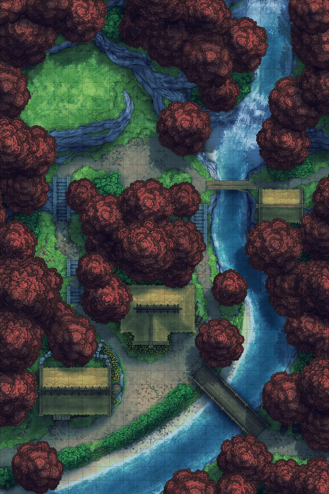 Japanese Mountain Village Temple Map Battlemap - overhead view village map - Digital, Foundry VTT, Print