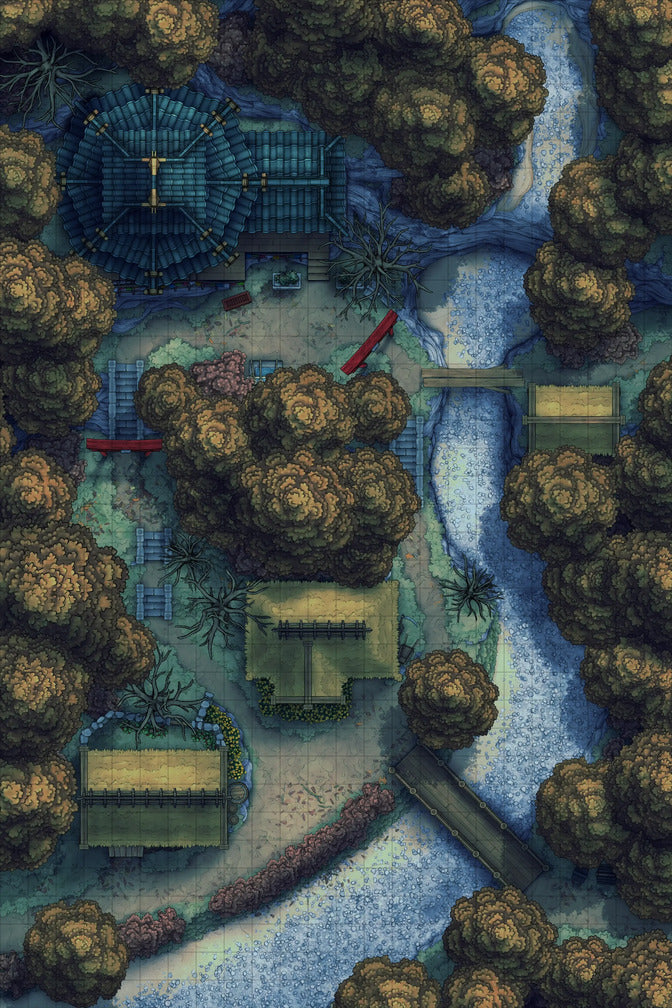 Japanese Mountain Village Temple Map Battlemap - overhead view village map - Digital, Foundry VTT, Print