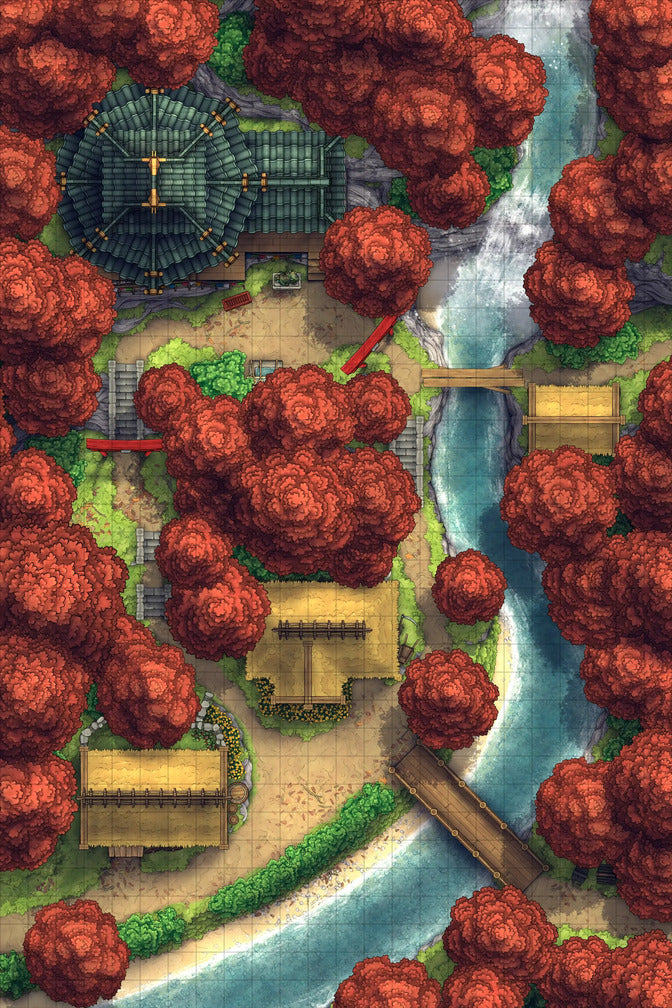 A battlemap featuring a little shrine and irregular pagoda structure dedicated to your local deity or spirit, in a Japanese mountain village, surrounded by red maples, a couple of little cottages, and a rushing waterfall, for any D&D or other tabletop RPG campaign.