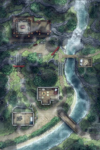Japanese Mountain Village Temple Map Battlemap - overhead view riverside settlement - Digital, Foundry VTT, Print