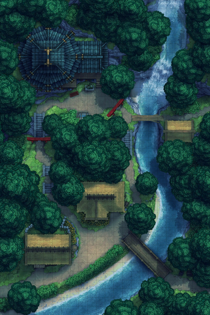 Japanese Mountain Village Temple Map Battlemap - overhead view village map - Digital, Foundry VTT, Print