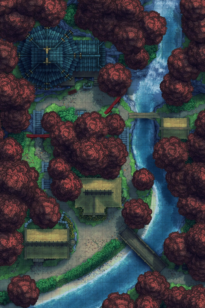 A nighttime canopy-free battlemap featuring a little shrine and irregular pagoda structure dedicated to your local deity or spirit, in a Japanese mountain village, surrounded by red maples, a couple of little cottages, and a rushing waterfall, for any D&D or other tabletop RPG campaign.