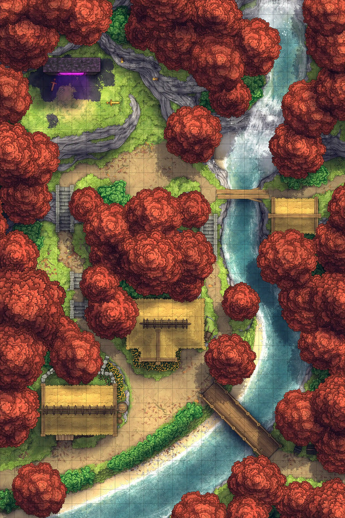 Japanese Mountain Village Temple Map Battlemap - overhead view village - Digital, Foundry VTT, Print